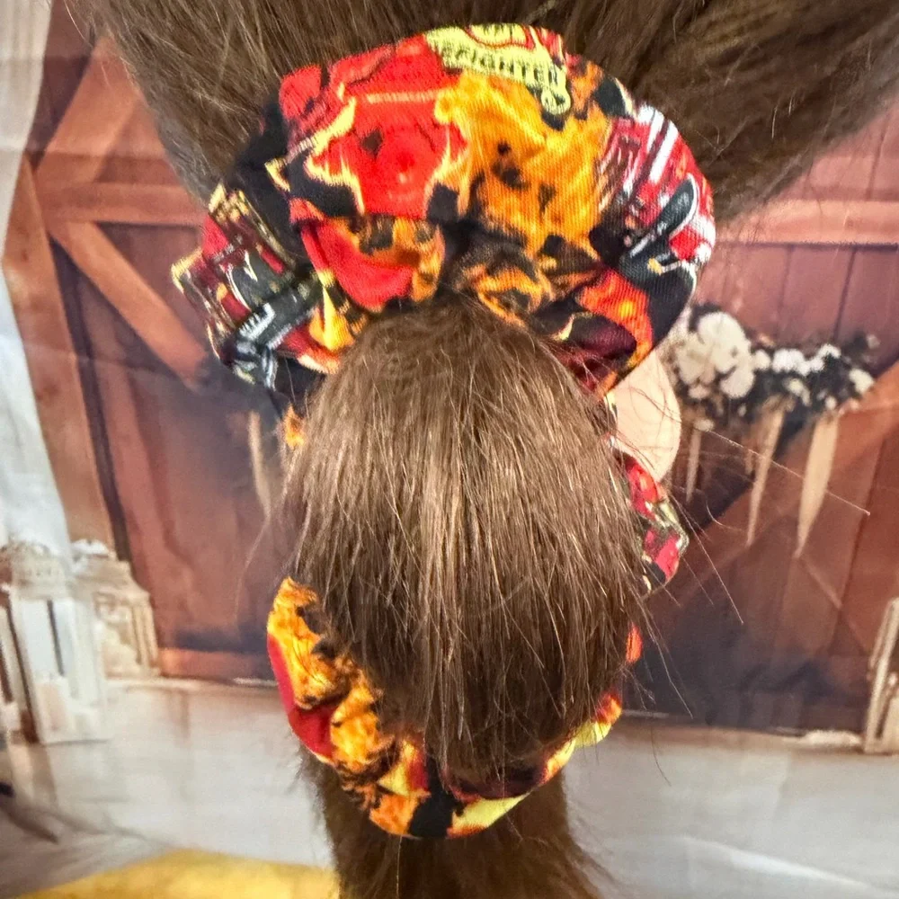 Fire Fighter Homemade Flame Print Hair Scrunchie - Red, Orange, Black